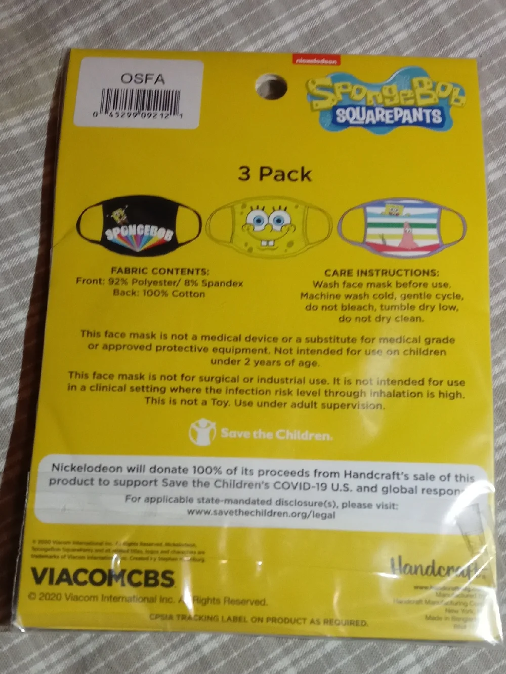 SpongeBob Squarepants Yellow Kids Face Mask with Blue Eyes